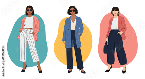 Trio of fashionable women standing together wearing diverse modern outfits including jackets and pants in a chic flat style.