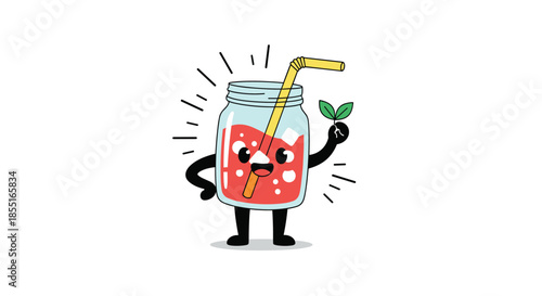 Happy mason jar character filled with red liquid and a straw holding a small green plant sprout in its hand.