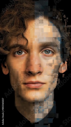 Conceptual portrait of a human face fragmented into digital pixels symbolizing identity transformation technology and the boundary between humanity and artificial intelligence