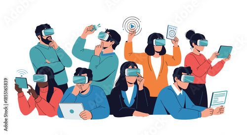 Large group of diverse people using virtual reality headsets and mobile devices to explore immersive digital environments.