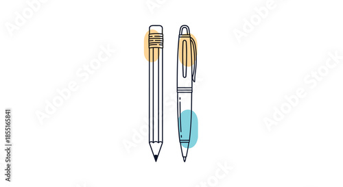 Simple line art illustration of a classic graphite pencil and a retractable ballpoint pen with colorful background blobs.