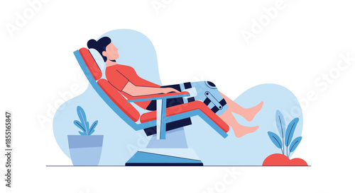 Person sitting in a specialized red rehabilitation chair with their leg in a medical brace for physical therapy treatment.