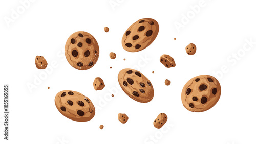 Assortment of chocolate chip cookies and crumbs, playfully scattered and floating in the air, symbolizing deliciousness and baking.