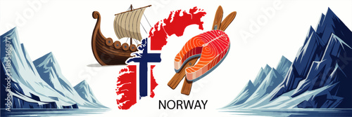 Norway travel banner with fjord mountains, Viking ship, salmon fish and Norwegian flag map, Scandinavian tourism vector illustration