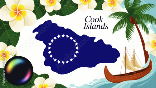 Cook Islands tropical travel illustration with island map, national flag stars, plumeria flowers, palm tree, canoe boat and ocean waves