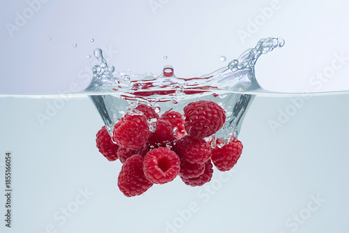 Fresh raspberries in water on a white background with a refreshing summer feel