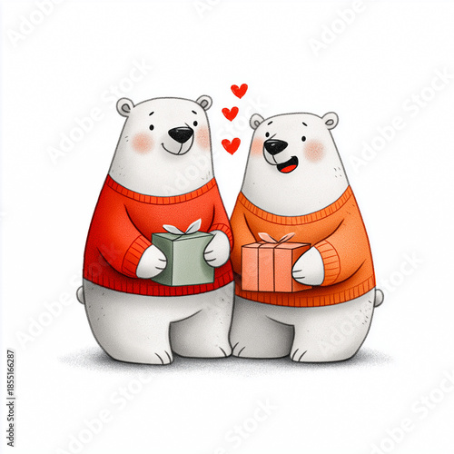 Two cartoon bears joyfully exchanging colorful gift boxes surrounded by floating hearts, celebrating love and friendship in a cheerful illustration
