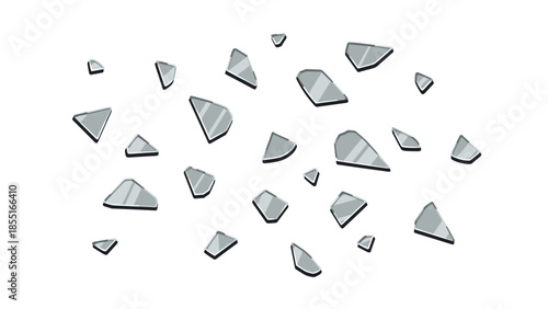 Various sharp, reflective pieces of shattered glass creating a dangerous and fragmented abstract pattern on a pristine white surface.