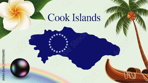 Cook Islands map with flag stars, tropical palm tree, frangipani flower, canoe and rainbow pearl, Pacific island travel illustration