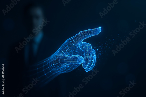 Futuristic blue glowing hand pointing gesture on dark background