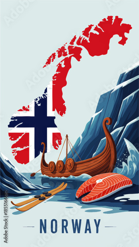 Norway travel poster with map and flag, Viking ship in fjord, skis and salmon illustration for Scandinavian tourism design