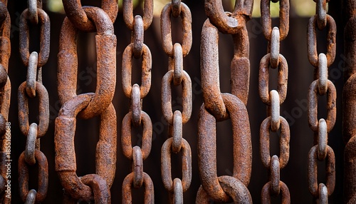 rusty metal chains hanging vertically in a row with weathered aged patina
