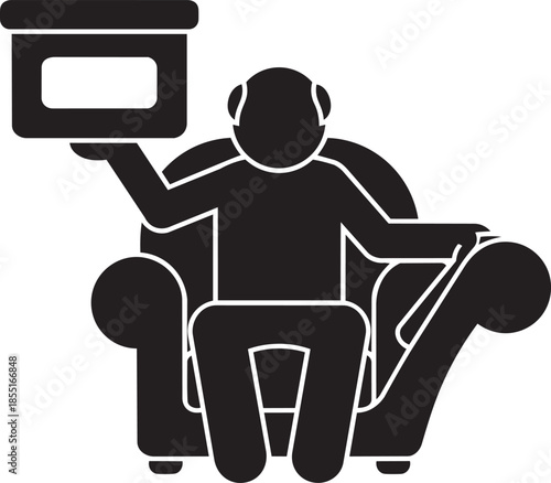 Stylized man in comfortable chair holding domestic appliance box vector graphic line art icon