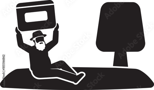 Man with beard sits on ground holding box with window next to tree silhouette on transparent background