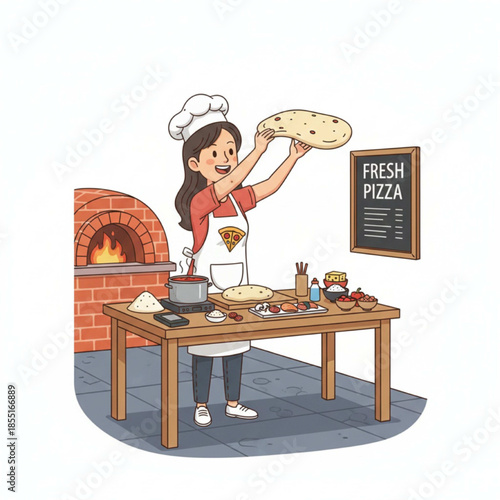 A young woman is making pizza dough and serving customers, vector illustration.