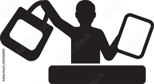 Man silhouette holding shopping bag and tablet pc behind retail counter desk store background