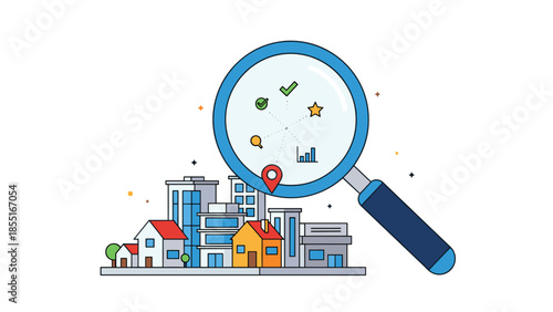 Large magnifying glass positioned over a vibrant cityscape, revealing icons representing detailed property search criteria and location services.