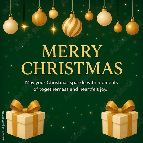 Merry christmas greeting card with gifts and ornaments