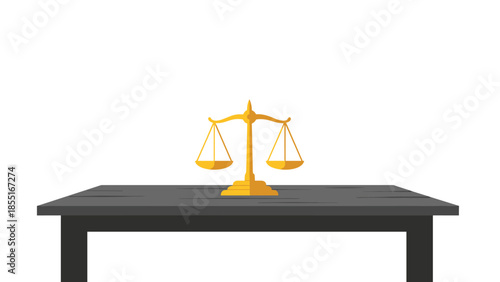 Classic golden scale of justice standing prominently on a dark wooden table, symbolizing fairness and legal principles.