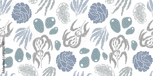 Seeaweed, algae, marine plants and corals seamless pattern. Underwater plants vector background. Beach, coastal theme repeat pattern for paper, textile, fashion.