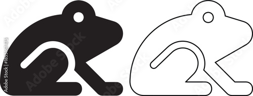 Minimalist set of black solid and line art frog icons isolated on white background for nature design.