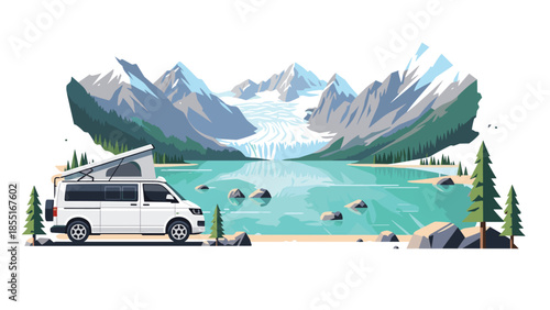 White camper van parked by the edge of a pristine mountain lake, surrounded by pine trees, majestic peaks, and a glacier.