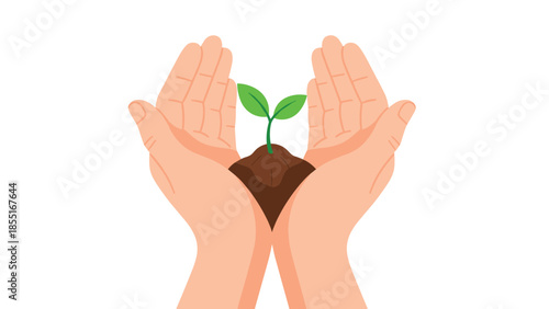 Gentle hands cupping a small, vibrant green seedling growing from fertile soil, symbolizing protection, new life, and growth.