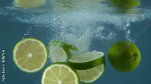 Fresh Lime Halves and Whole Limes Splashing into Water with Bubbles.