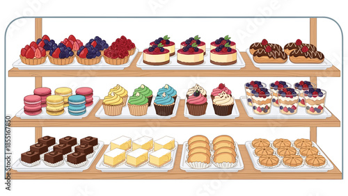 Appealing bakery display case filled with a tempting variety of cakes, cupcakes, pastries, and colorful macarons, ready for customers.