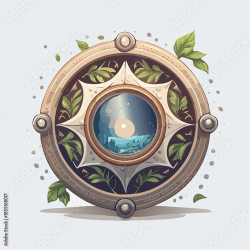 Circular emblem with a central scene of a candle in a landscape.