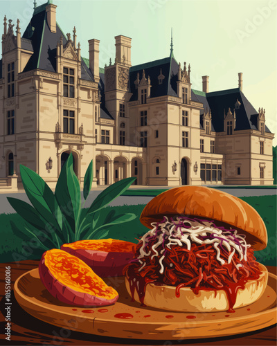 Gourmet pulled pork burger with coleslaw and roasted sweet potato, elegant illustration of luxury castle garden outdoor dining scene