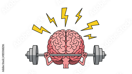Energetic cartoon brain character powerfully lifting a barbell, surrounded by lightning bolts, symbolizing intense mental activity and sharp intellect.