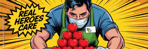 Supermarket essential worker hero stacking apples in medical mask, pop art comic style illustration with Real Heroes Care text