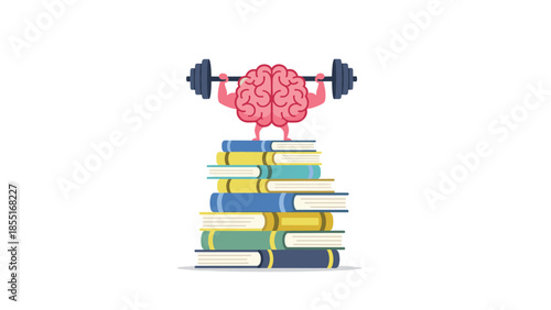 Cartoon brain character triumphantly lifting heavy weights while standing on a tall stack of books, symbolizing mental strength and continuous learning.