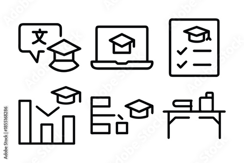 Set of six educational and academic icons with transparent background