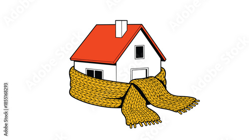 Charming illustration of a house warmly wrapped in a cozy yellow knitted scarf, symbolizing effective home insulation and energy efficiency.