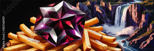 Fantasy gemstone on french fries with sea salt against dramatic waterfall canyon landscape, surreal food art illustration