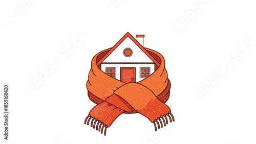 Whimsical illustration of a house snuggly wrapped in a warm orange knitted scarf, representing excellent home insulation and energy saving.