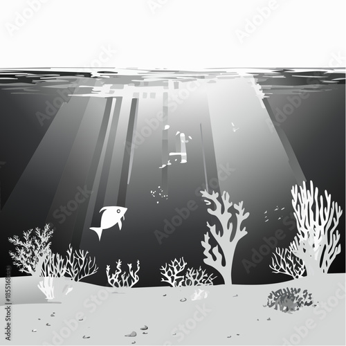Underwater scene with coral, fish, and sunlight streaming through the water.