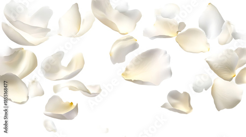 Falling white rose petals delicate floral elements for romantic design isolated on a clean white background