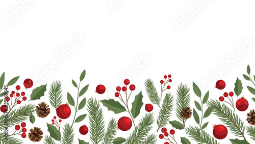 Festive bottom border design featuring lush green pine branches, bright red holly berries, and shiny red Christmas ornaments with pinecones.