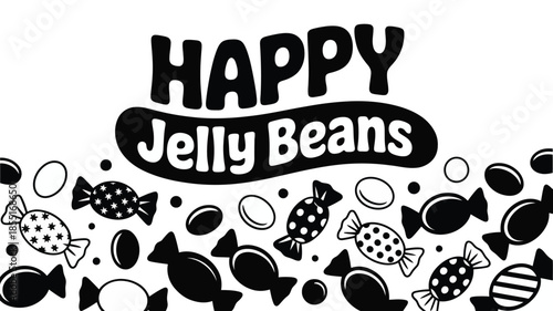 Happy jelly beans candy and sweet treats scattered with a playful text design Vector