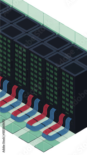Isometric data center server racks with network cables, modern cloud computing infrastructure, high tech storage illustration