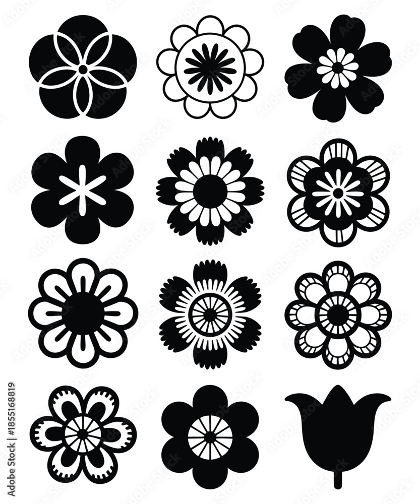 Fototapeta premium set of floral elements Black, white, and blooming.