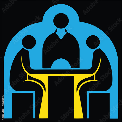 Formal meeting with a mediator and two participants in a stylized graphic illustration