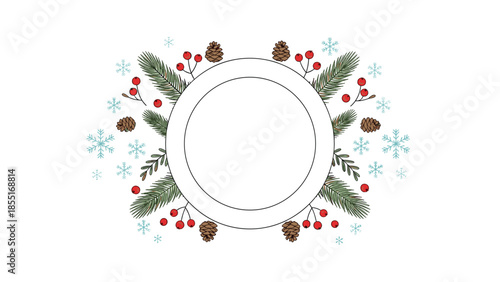 Charming circular frame adorned with festive winter foliage, including green pine branches, red holly berries, pinecones, and delicate snowflakes.