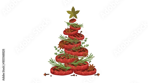 Inventive Christmas tree composed of perfectly grilled meat patties, artfully decorated with fresh rosemary, aromatic star anise, and cloves.