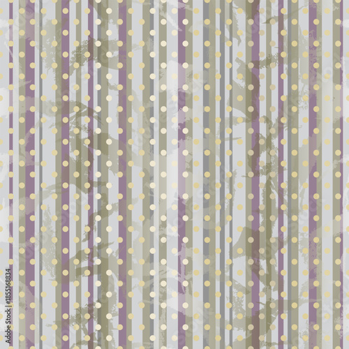Seamless striped pattern with polka dots and grunge texture in pastel muted colors. Decorative vector background for wrapping paper, scrapbooking, textile prints, packaging, digital paper 