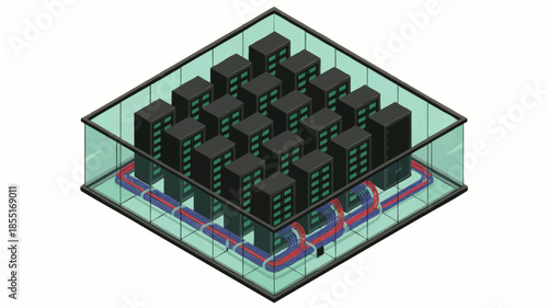 Isometric data center room with glass walls, server racks and network cables, modern technology infrastructure illustration