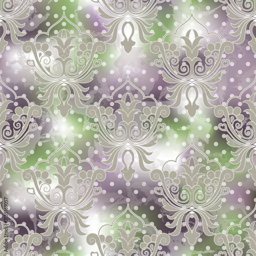 Seamless pastel damask ornamental pattern with floral arabesque elements and textured background. Elegant decorative vector design for wallpapers, textiles, packaging, scrapbooking, fabric